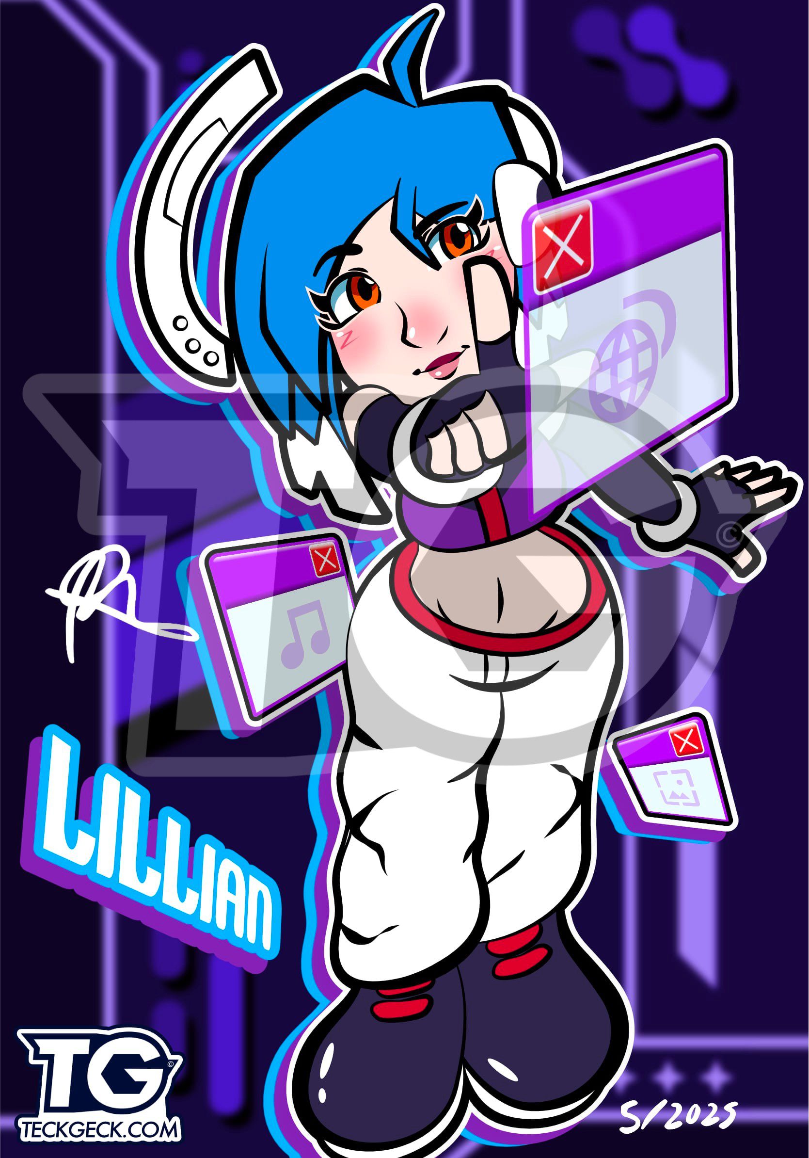 A stylized illustration of a character with blue hair and orange eyes, striking a dynamic pose while holding digital windows featuring icons. The background is a mix of dark and vibrant colors, accentuating the futuristic theme.