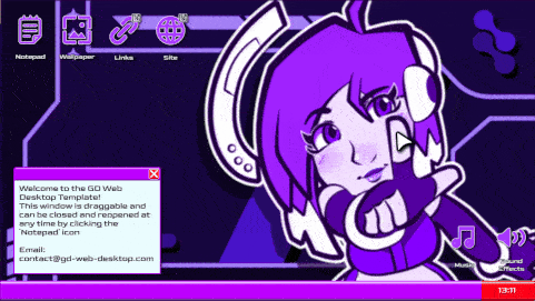 A colorful digital interface showcasing a cartoon character with purple tones, featuring a draggable notepad window with instructions, buttons for wallpaper, links, and a site section.
